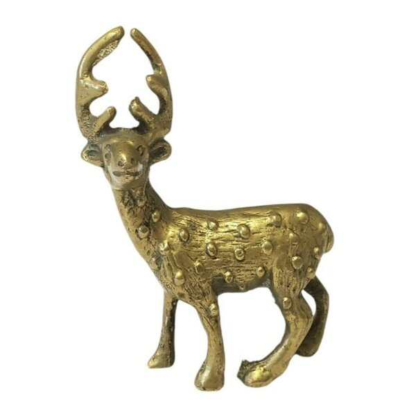 Vintage Brass Mini Spotted Deer Statue 3.5" Buck Antlers MCM Christmas Figurine - Picture 9 of 9